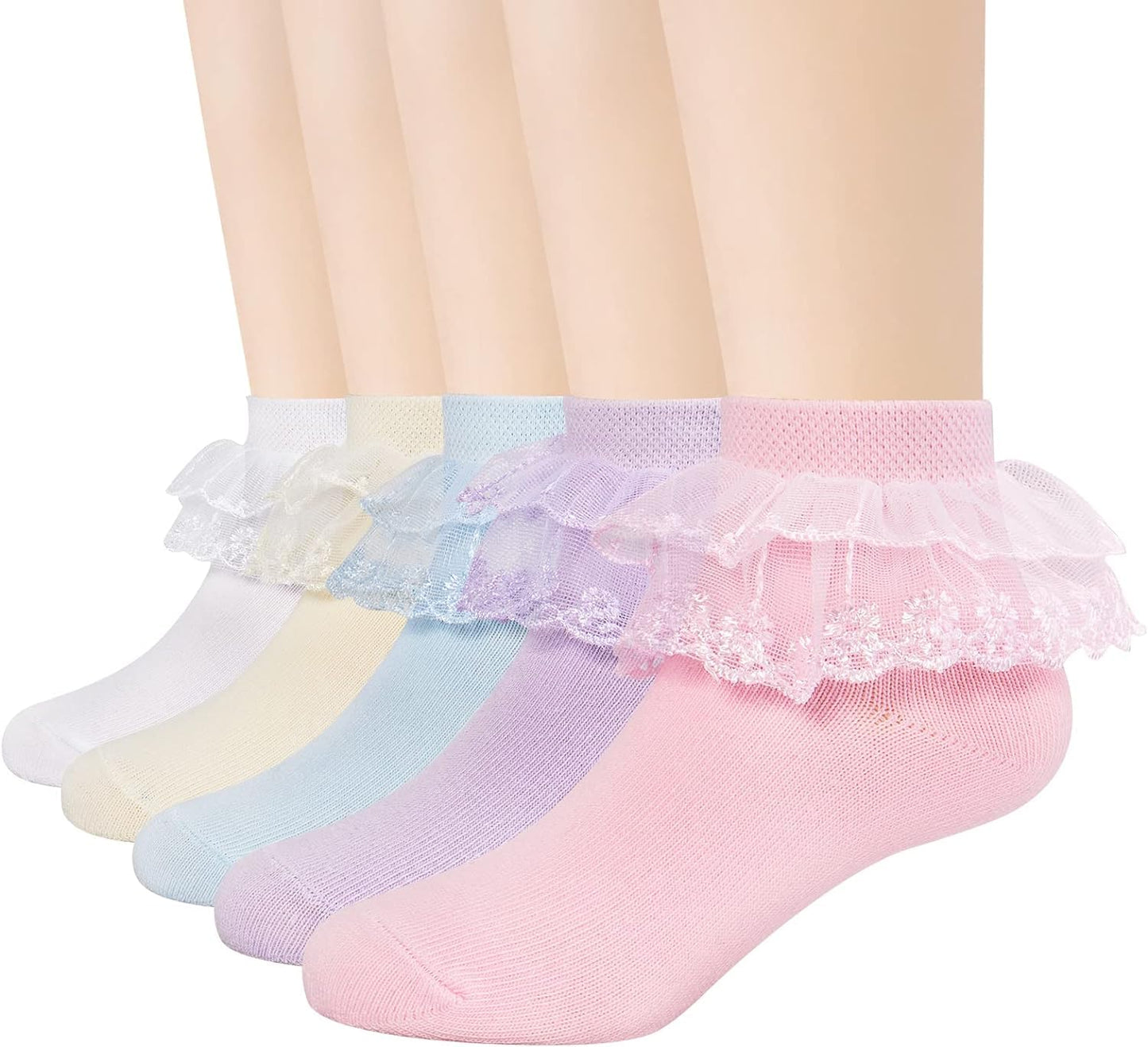Ketkar Girls Lace Ankle Socks Ruffle Frilly Cotton Socks Trim Lace,Princess Socks For Girls 5 Pack,45 Years