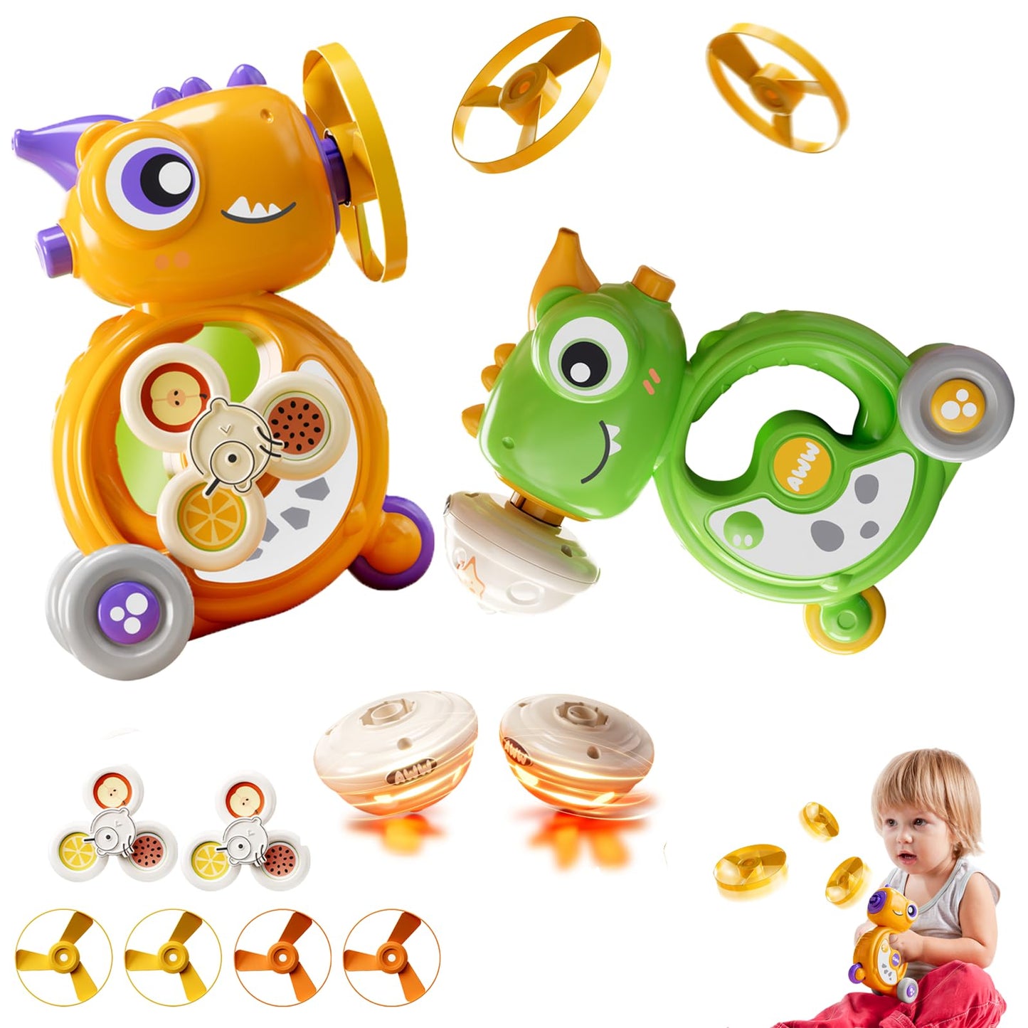 5-In-1 Multifunctional Dinosaur Whistle Inertial Vehicle,Flying Disc Launcher Toy,Light Up Spinning Tops & Gyroscope,For Girls&B