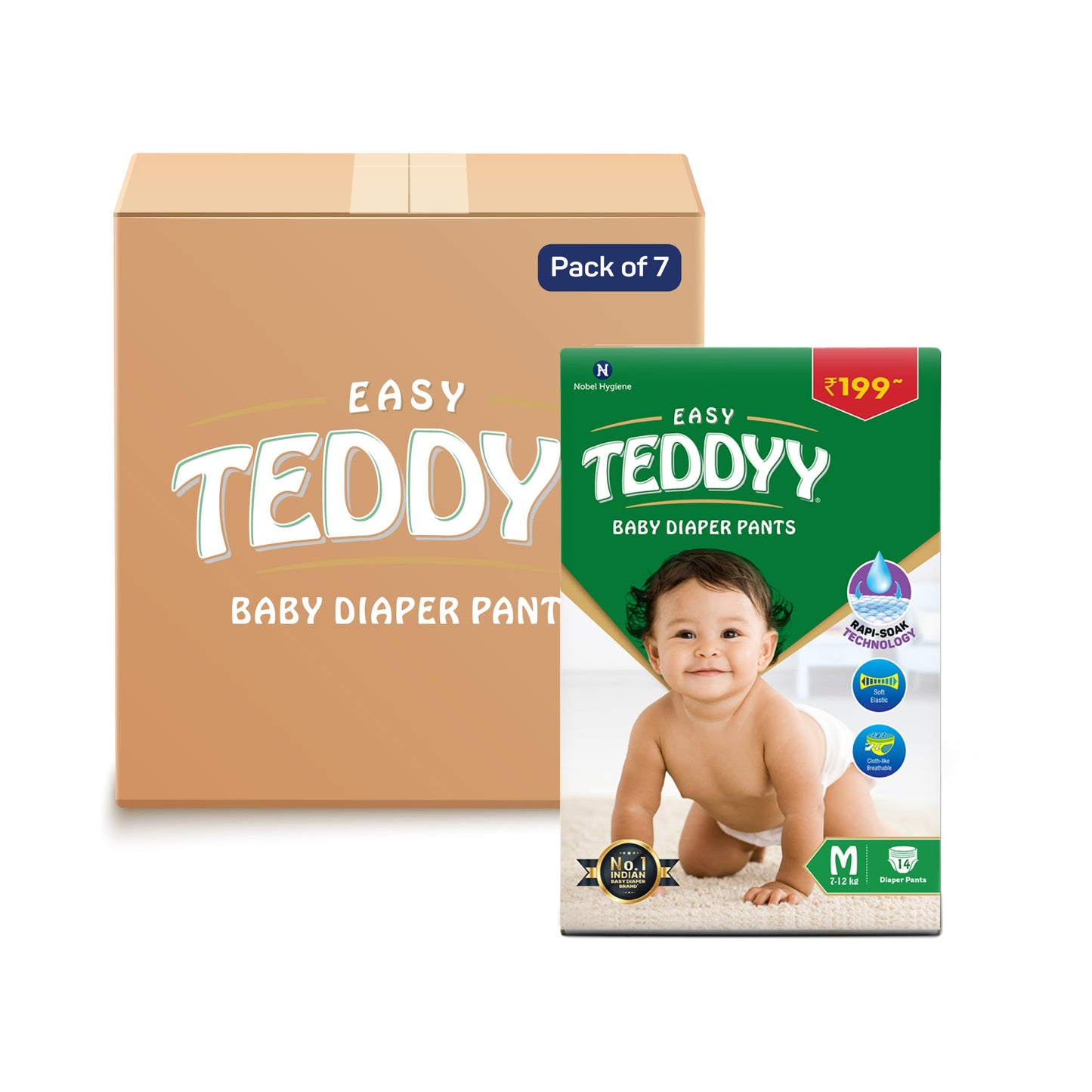 Teddyy Easy Baby M Size Diaper Pant Style | 98 Count (Medium) | 712 Kg (Pack Of 7) | Long Protection Hours | AntiBacterial | A