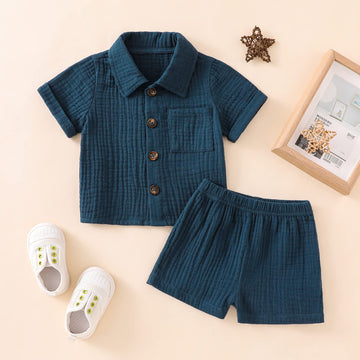 Baby Boys Clothes Set Toddler Infant Boys Button-Down Shirt Tops + Cotton Gauze Shorts Summer Outfit 2Pcs With Pockets (Navy Blu