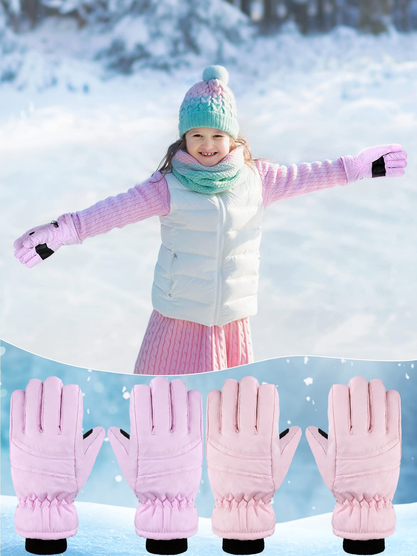 Boao 2 Pairs Kids Winter Ski Gloves Waterproof Warm Snow Mittens Full Finger Gloves For Toddlers Infants (Pink, Purple,10-15 Yea