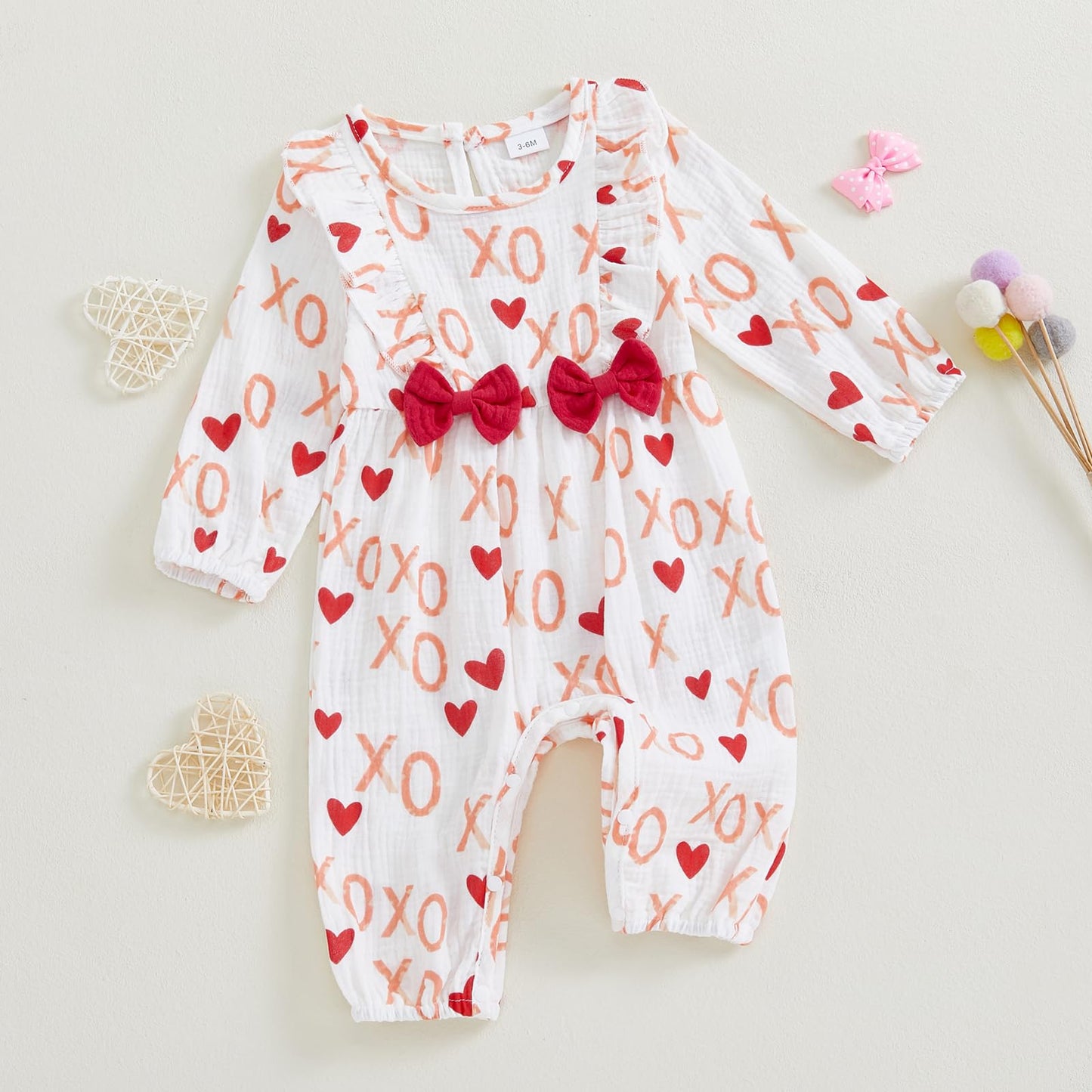 Doisbetthsay Valentines Day Baby Girl Outfit Long Sleeve Heart Print Romper Bodysuit Jumpsuit With Headband Baby Clothes (Valent