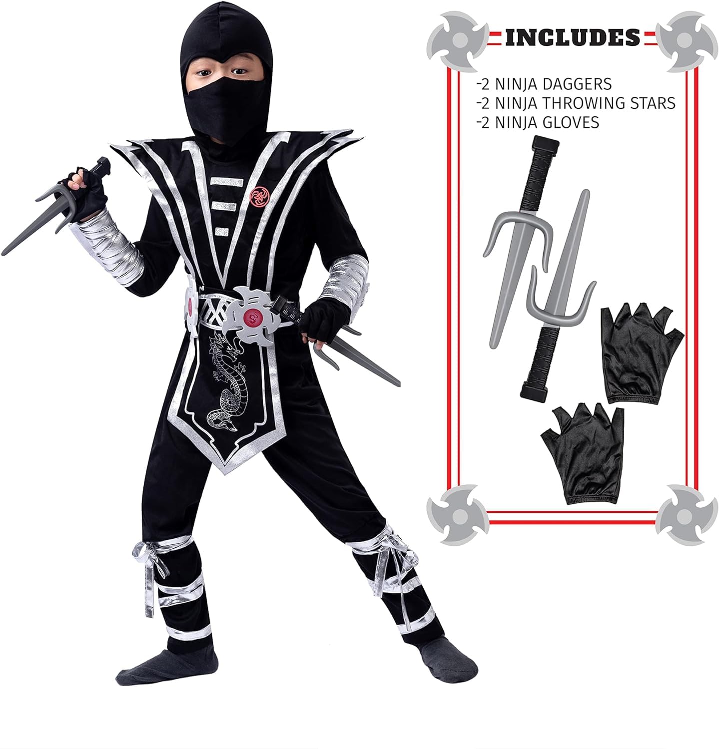 Spooktacular Creations Halloween Ninja Costume For Kids, Silver Boys Ninja Costume, Toddler Ninja Accessories Costume Set For Dr