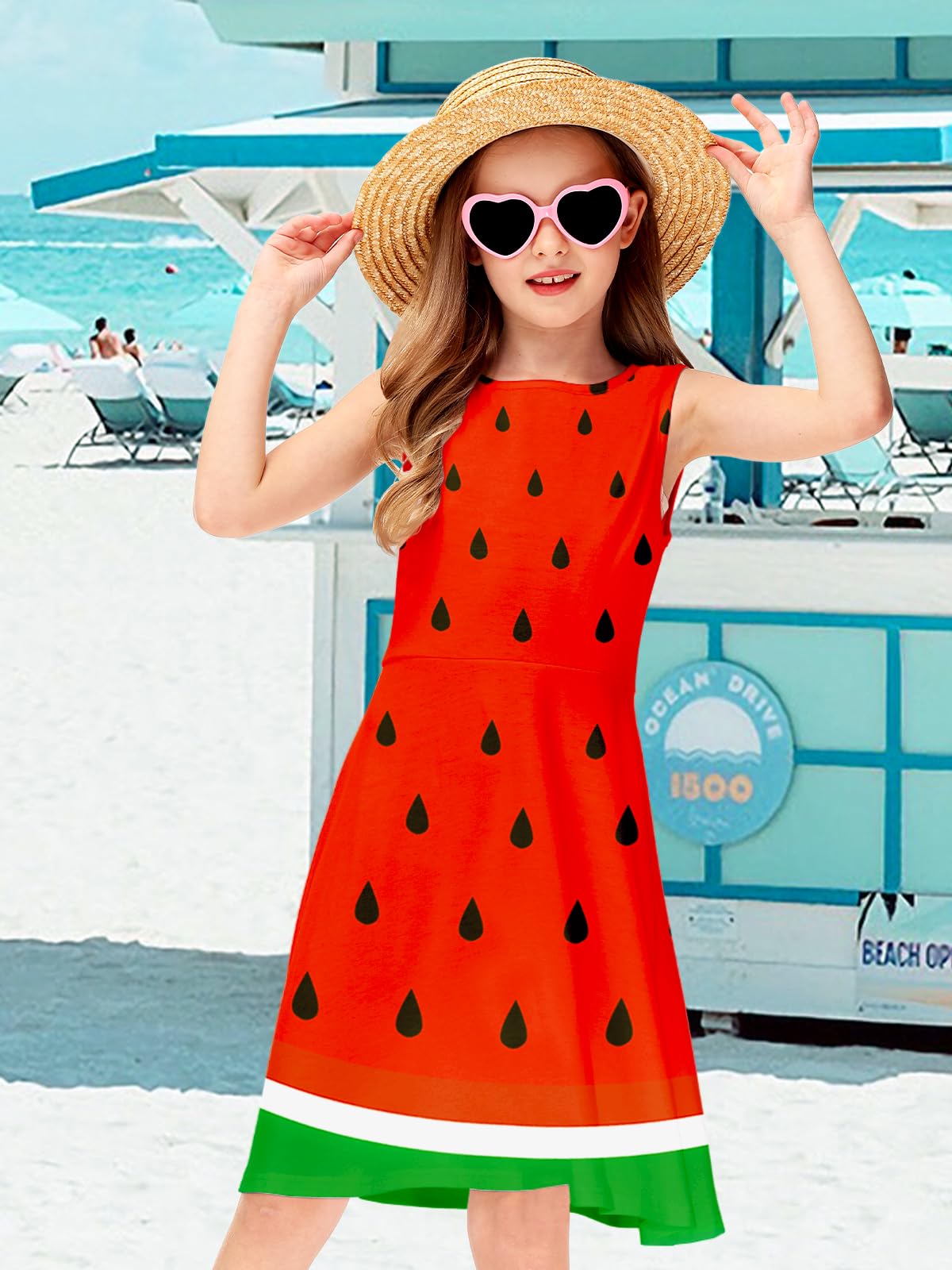 Remimi Kids Girl Watermelon Dress Sleeveless Tropical Halloween Fruit Dresses Outfits 7-8 Years