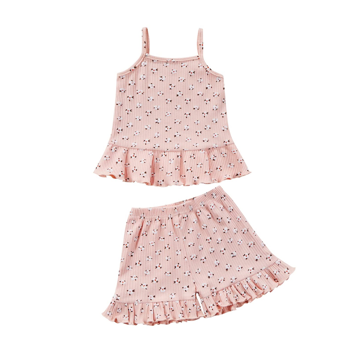 Coorally Toddler Baby Girl Floral Ruffled Outfits Set Strap Crop Tops+ Shorts Pants Summer Clothes Set (A-Pink, 18-24 Months)