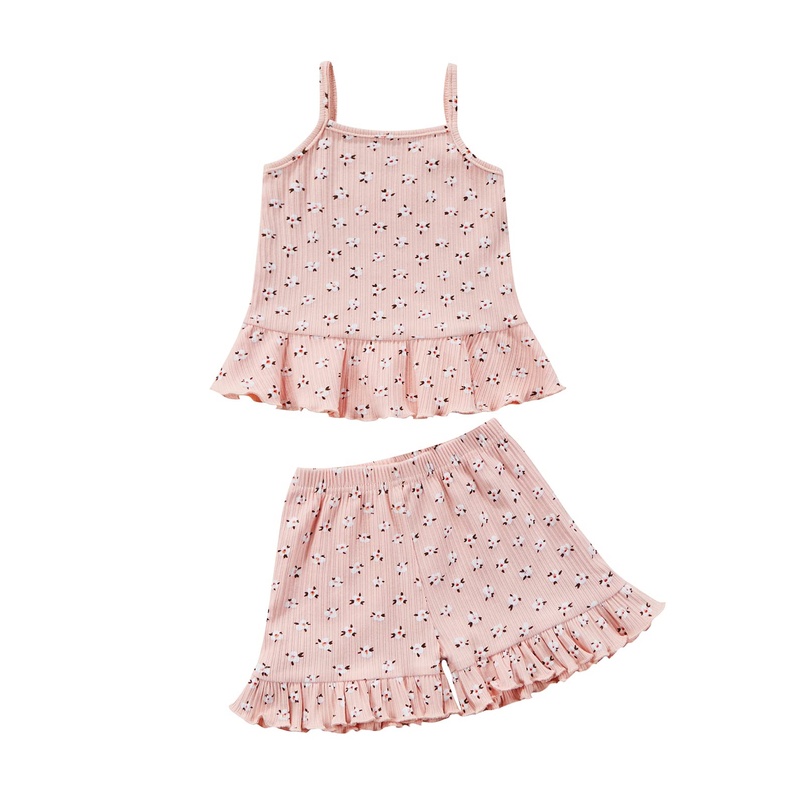 Coorally Toddler Baby Girl Floral Ruffled Outfits Set Strap Crop Tops+ Shorts Pants Summer Clothes Set (A-Pink, 18-24 Months)