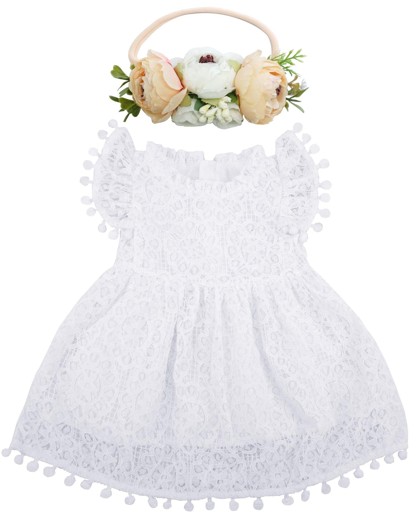 Bgfks Baby Girl Tutu Dress Elegant Lace Pom Pom Flutter Sleeve With Flower Headband Set(White,3T)