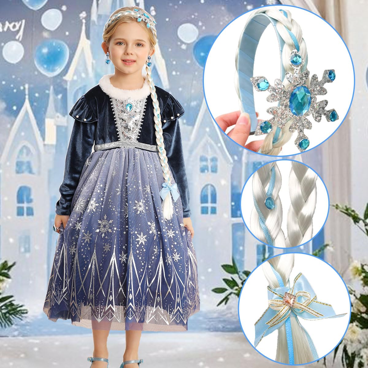 Itvti Girls Princess Elsa Dress Up Costume Snow Queen Halloween Christmas Cosplay Party Toddler Dress Blue, 3-4 Years(Label 110)