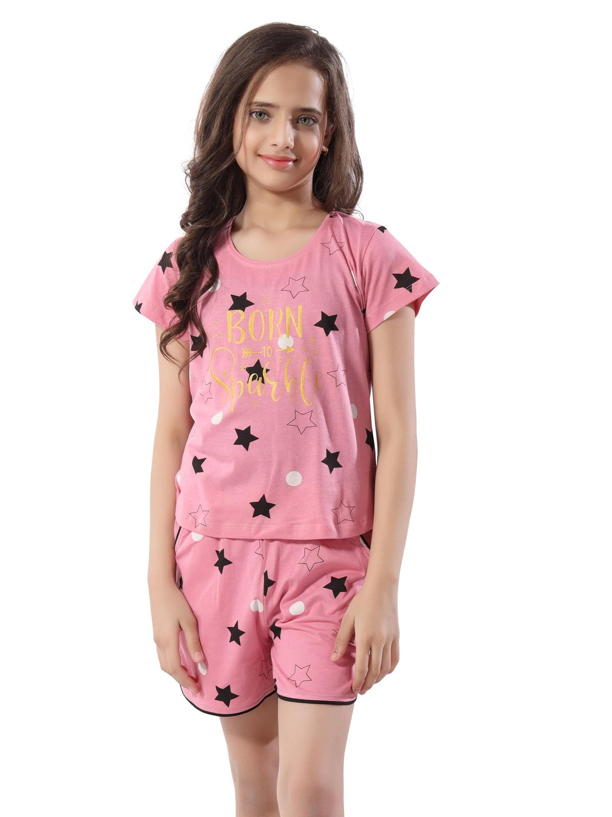 AV2 Girls Cotton Printed Night Suit Shorts Set Pink 1213 Years 6640
