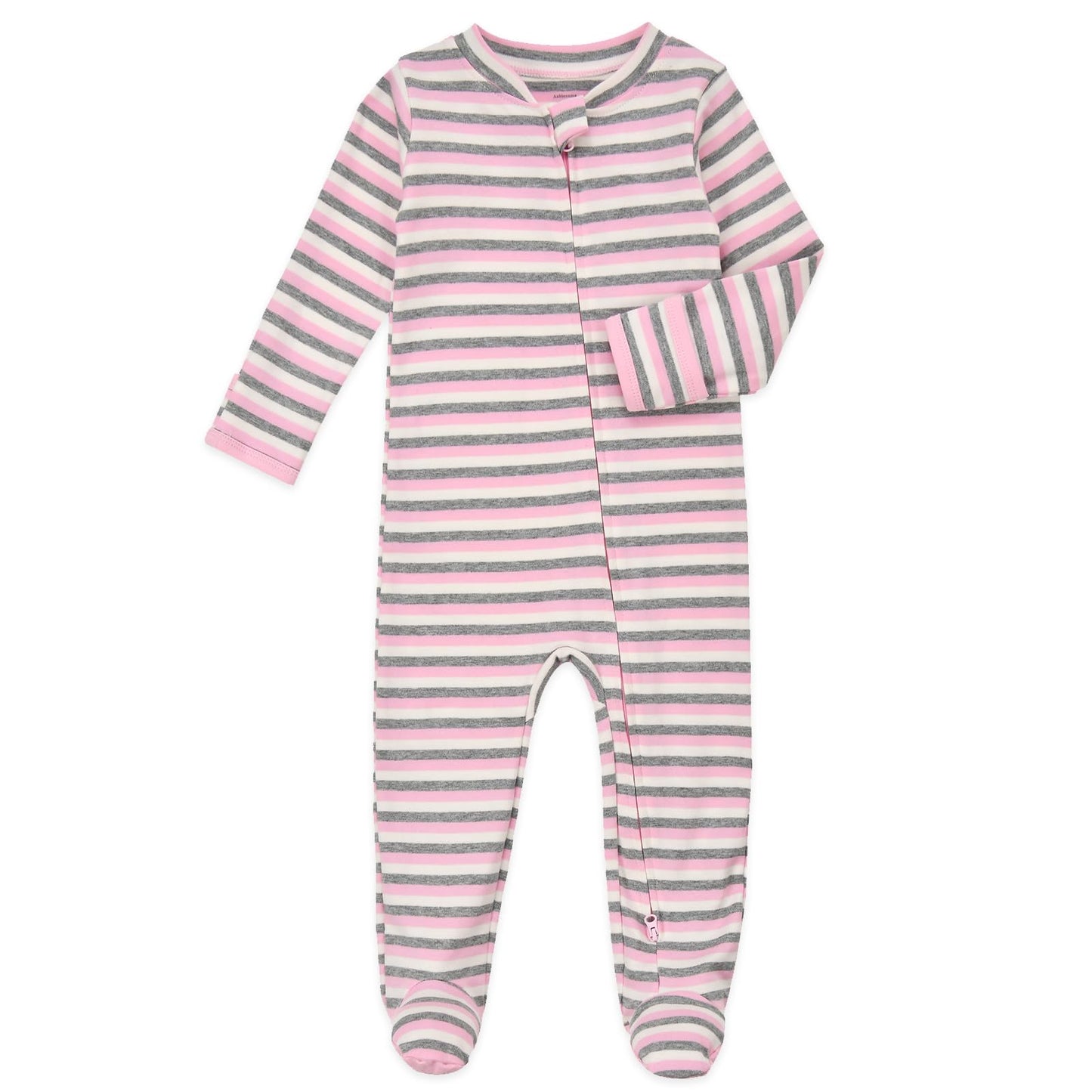 Aablexema Baby Footie Pajamas With Mittens - 3Pcs Infant Footed Sleeper Cotton Sleepwear Outfits(Pink/Grey/Stripe,9-12M)