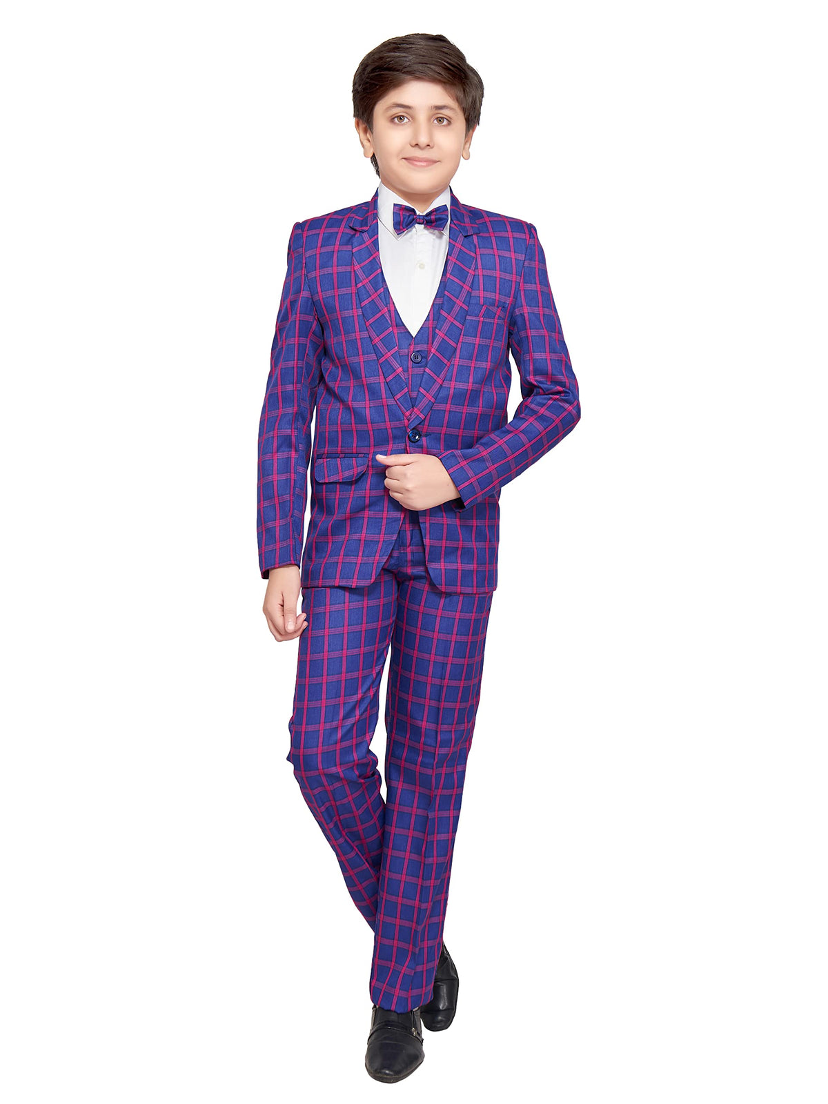 Jeetethnics Boys Navy Blue Checked Coat Suit Set With Waistcoat Shirt And Trousers (9083Q)
