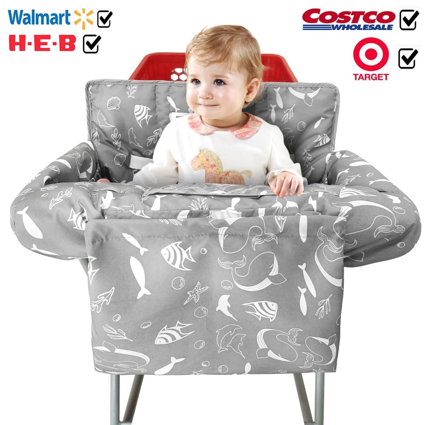2-In-1 Shopping Cart And High Chair Cover For Baby, Padded Cover, Fold'N Roll Style, Portable With Carry Bag (Gray Seaworld)