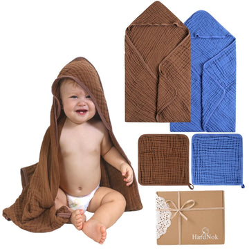 HardNok 4-Piece Muslin Baby Towel Set - 100% Organic Cotton, (2) 6-Layer 32x32 Towels & (2) Washcloths, Bath, Beach & Pool Gift 