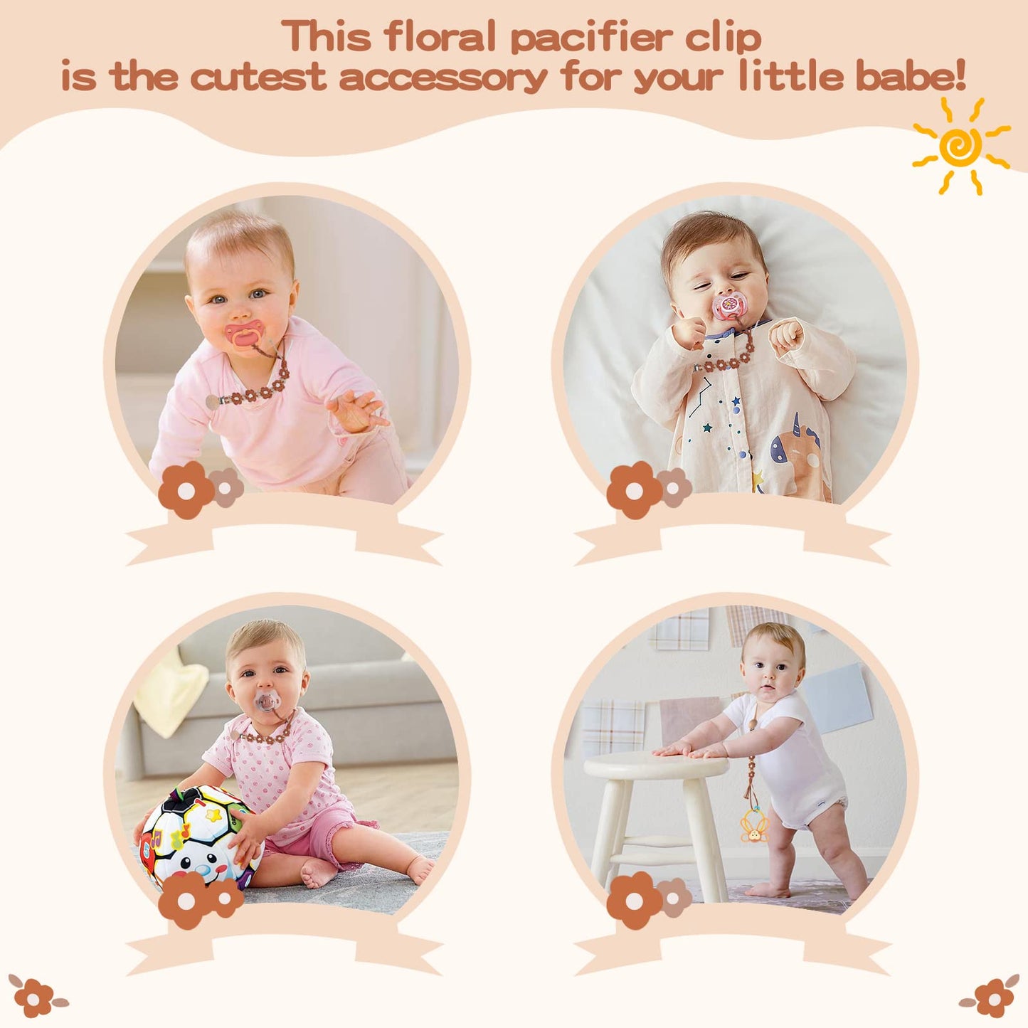 Symbolife Pacifier Clip For Boys Baby Girls Floral Daisy Macrame Paci Clip Boho Wooden Clips Handmade Braided Cotton Binky Clips