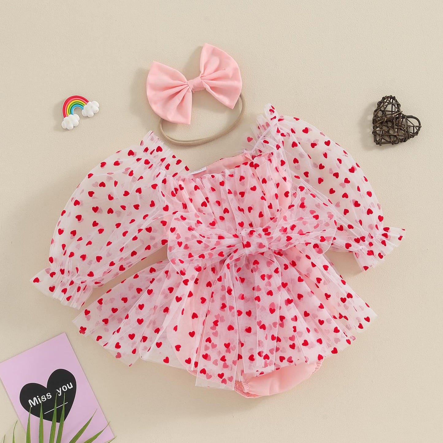 Amnnchya Baby Girl Valentines Day Outfit Heart Tulle Puff Sleeve Valentines Day Romper Dress Newborn Valentines Dresses (Pink, 3