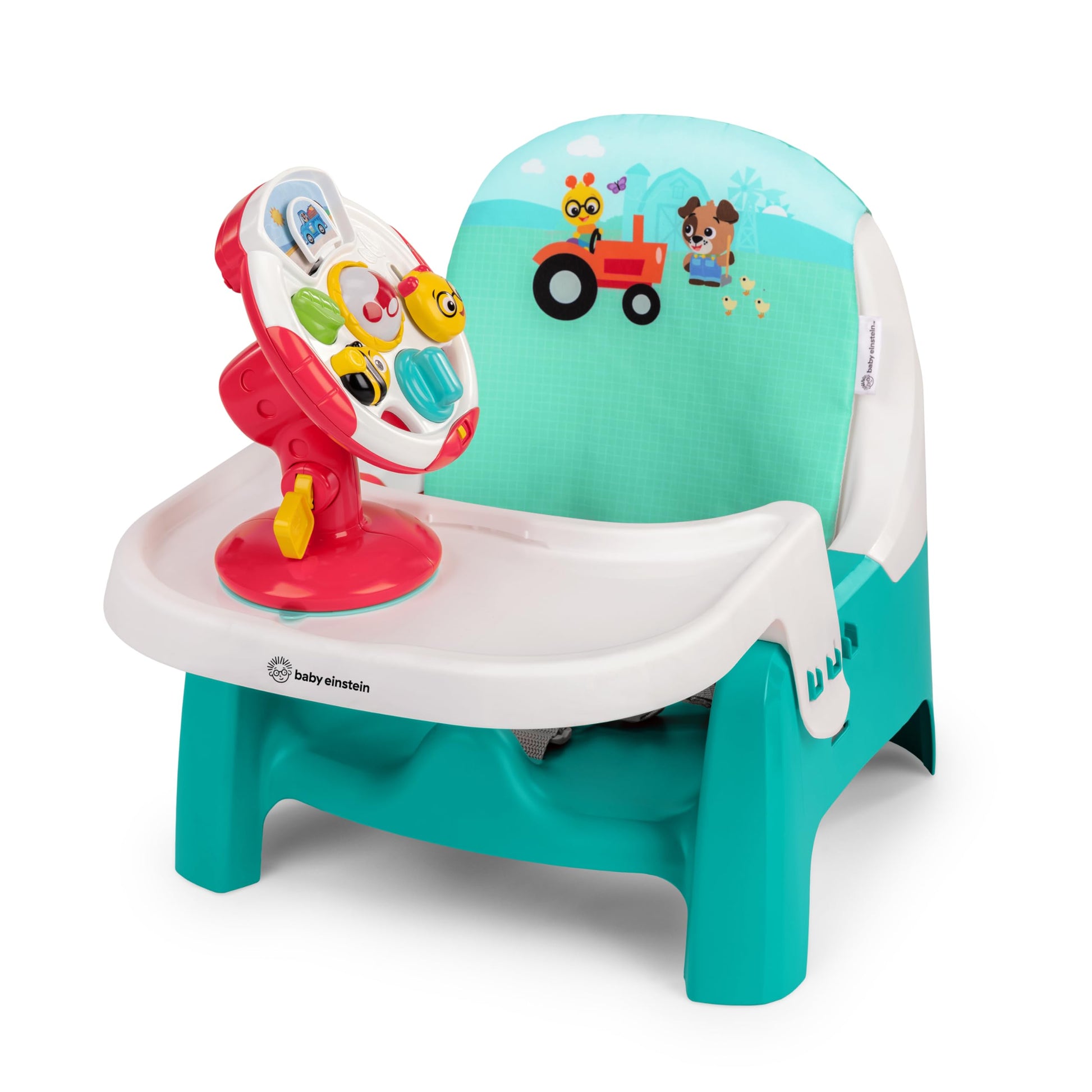 Baby Einstein Farm Explorers Snack & Steer 2 in 1 Compact Booster Feeding Seat, with Musical Steering Wheel Toy, Ages 6-36 Month