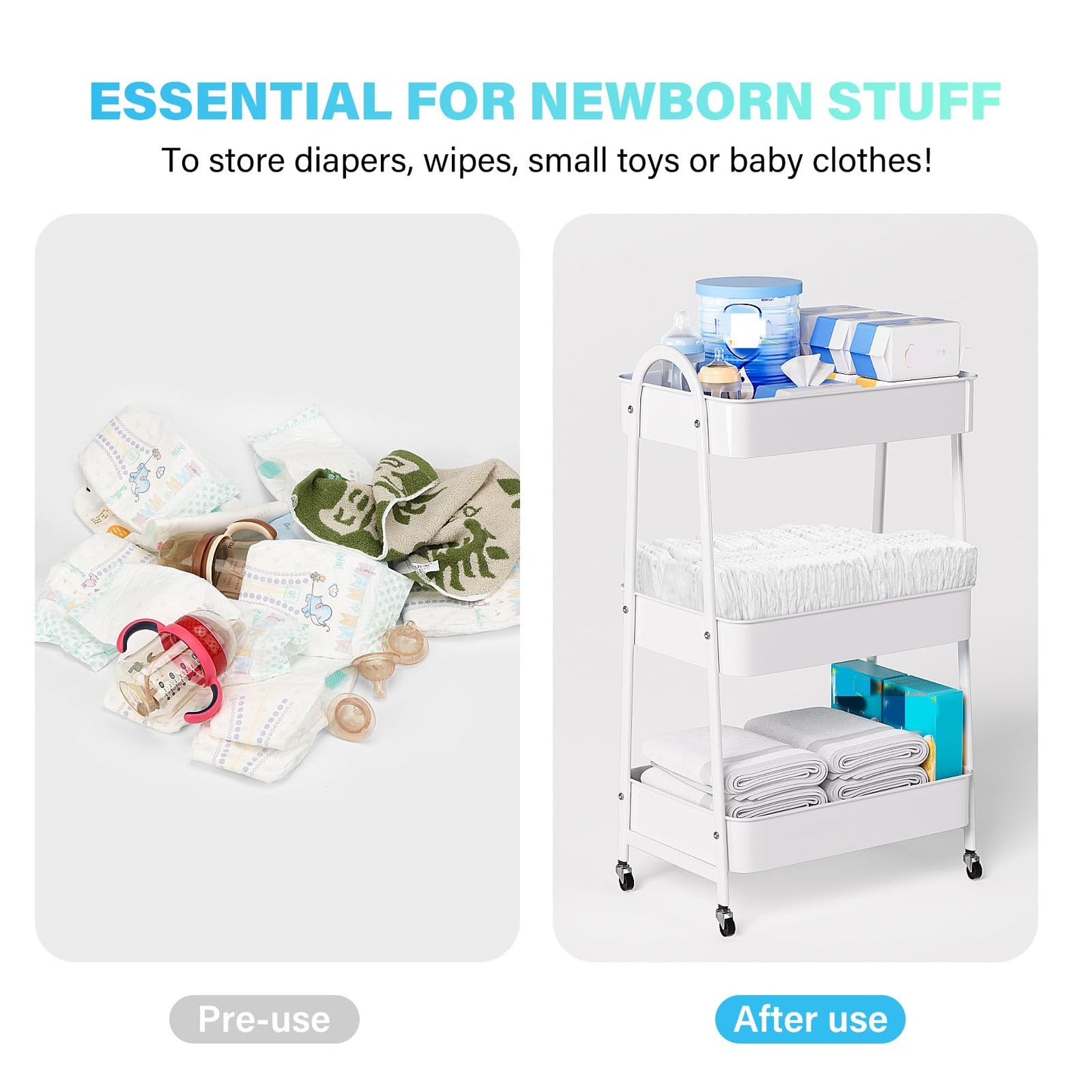 Volnamal Baby Diaper Caddy Organizer, Metal Utility Diaper Cart, Multifunction Essential Newborn Baby Registry Items, Movable Ch