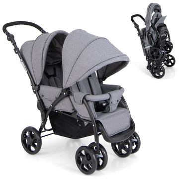 GLACER Foldable Twin Stroller, Double Baby Stroller w/Multi-Level Backrest, Canopy, Handle & Footrest, Safety Belt & Brake Syste