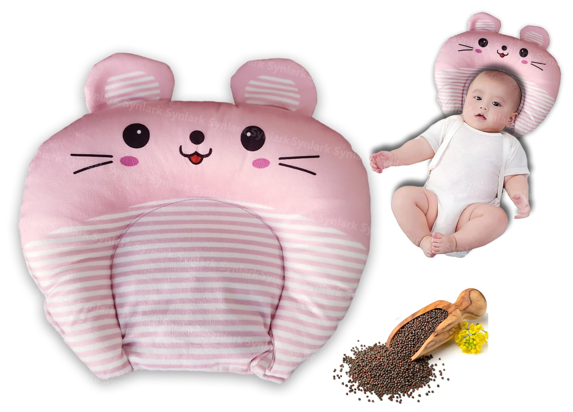 Synlark Rai Baby Mustard Seed Pillow With Supersoft Fur Fabric | 0 Month18 Months Kids Pillows | Cartoon Prints For Sleep Bed S
