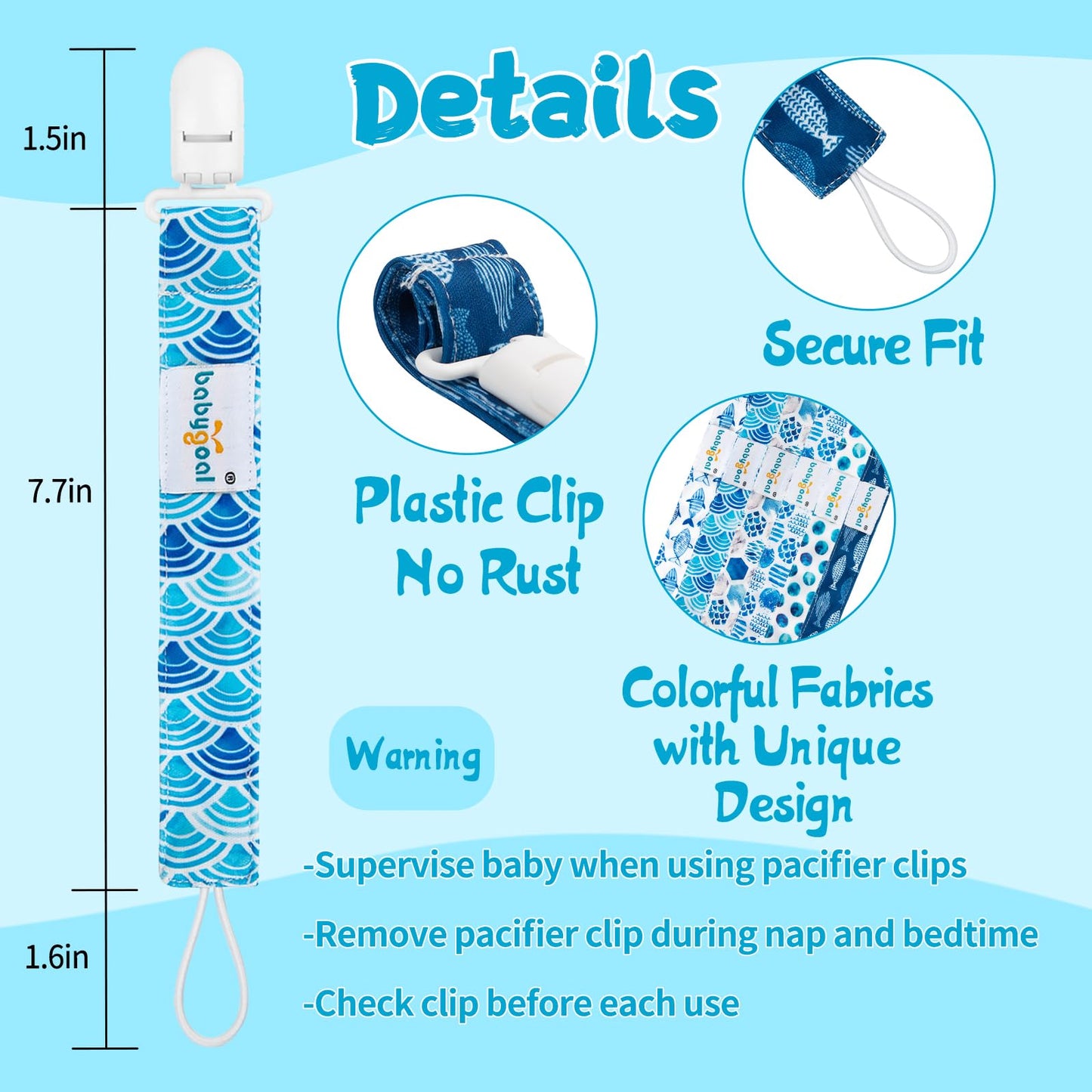 Babygoal Ocean Blue Pacifier Clips, 6 Pack Binky Paci Holder Clips And Leash For Boys And Girls Fits For Most Pacifier, Binkie S