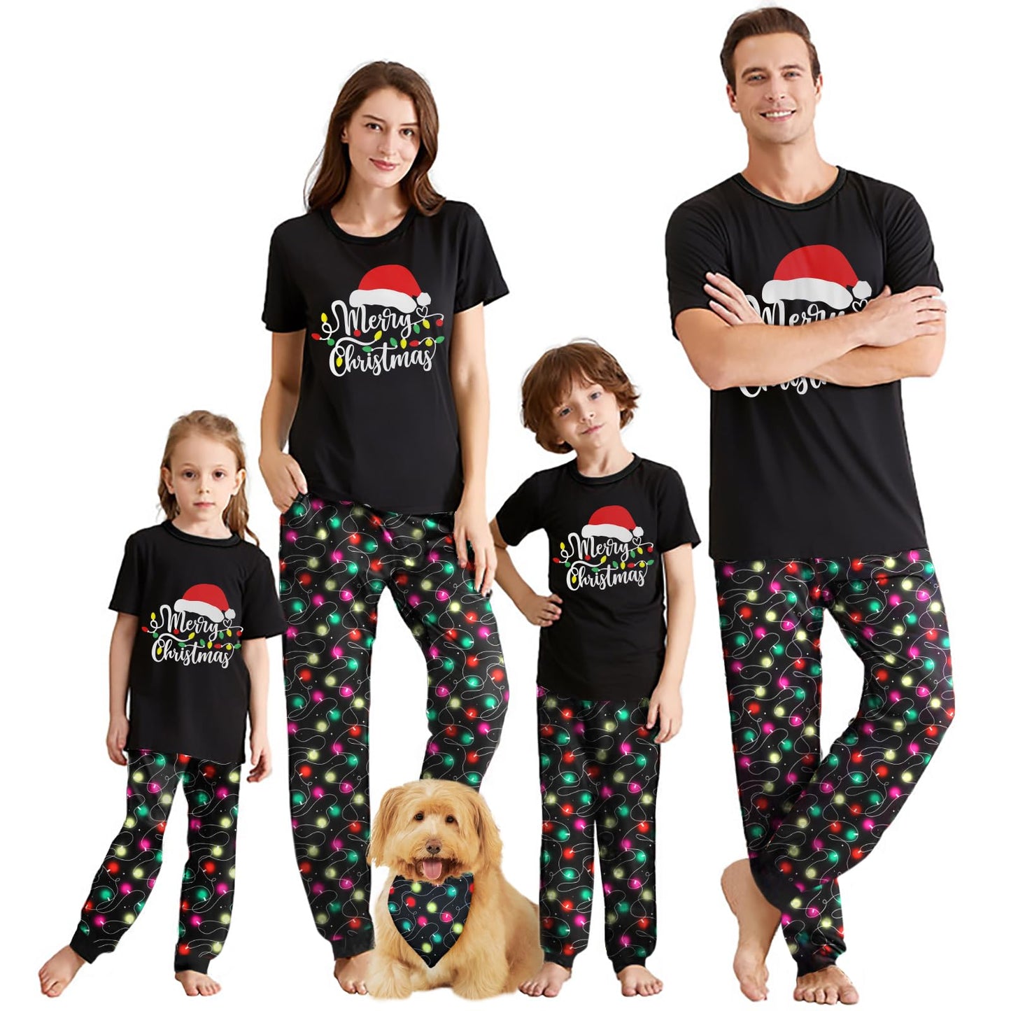 IFFEI Christmas Pajamas for Family Matching Holiday PJs Sets with Short Sleeve Tee and Pants Loungewear, Black, 34T