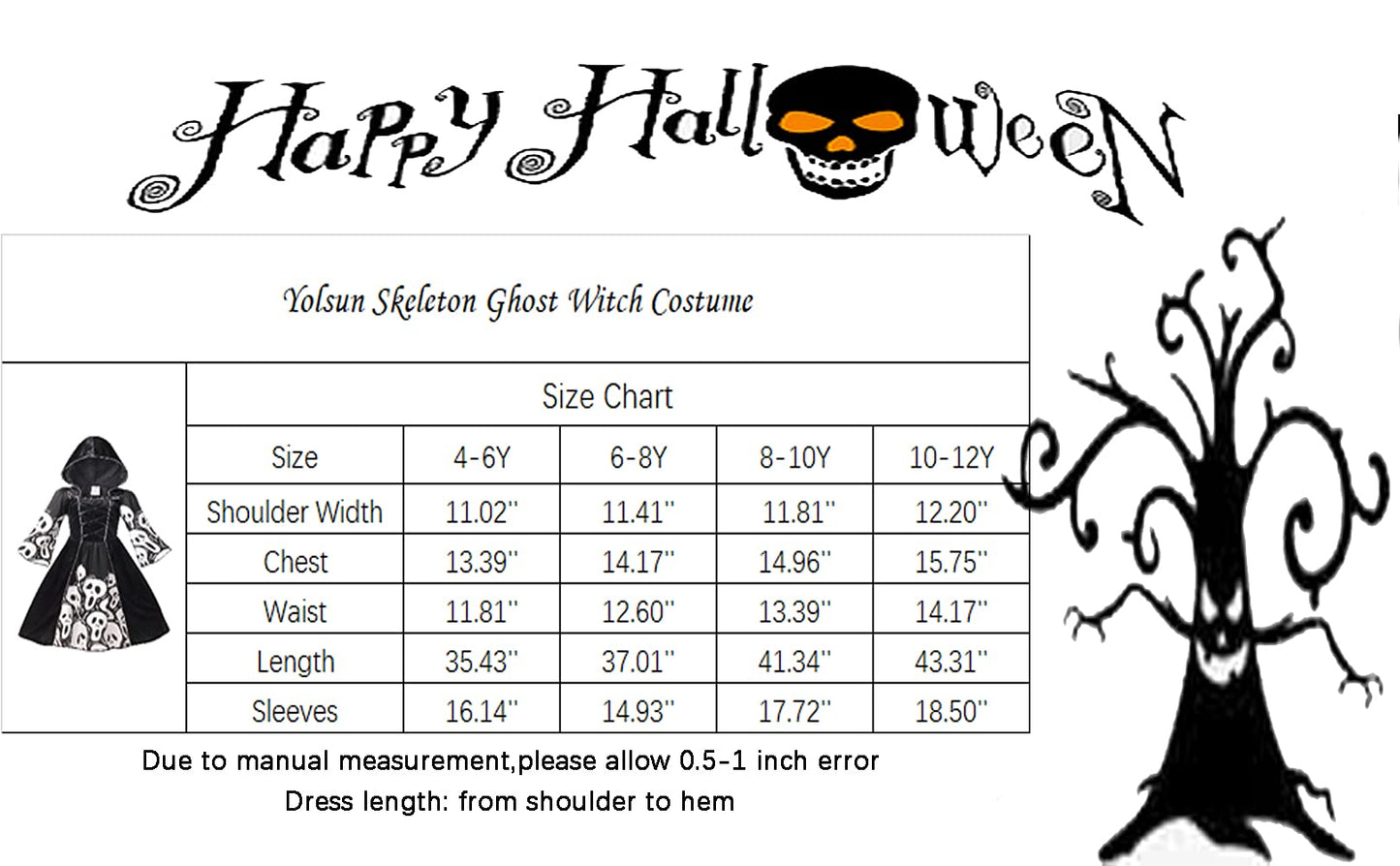 Yolsun Skeleton Ghost Witch Costume For Girls, Glow In The Dark, Halloween Fearsome Costume(10-12 Years)