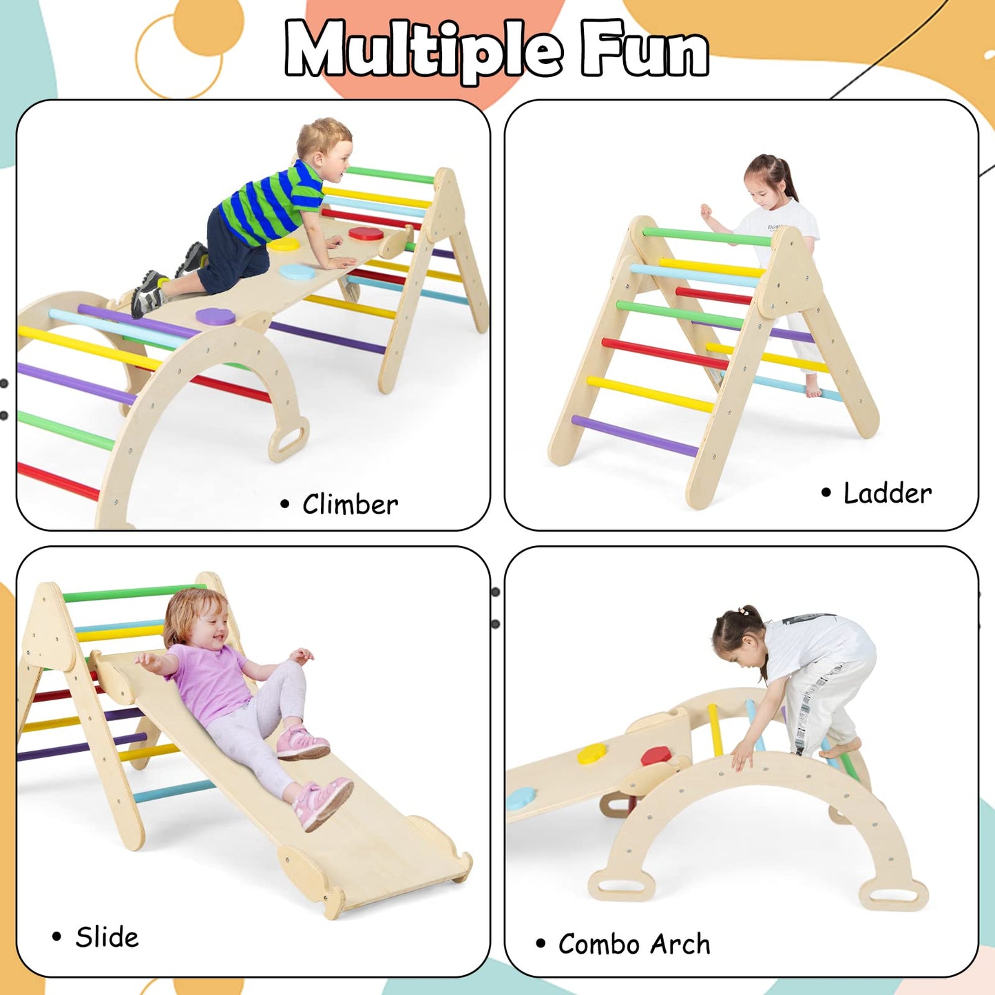 Olakids Climbing Toys For Toddlers 1-3 Inside, 5 In 1 Wood Foldable Pikler Triangle Set With Ramp Ladder Arch Slide, Baby Indoor