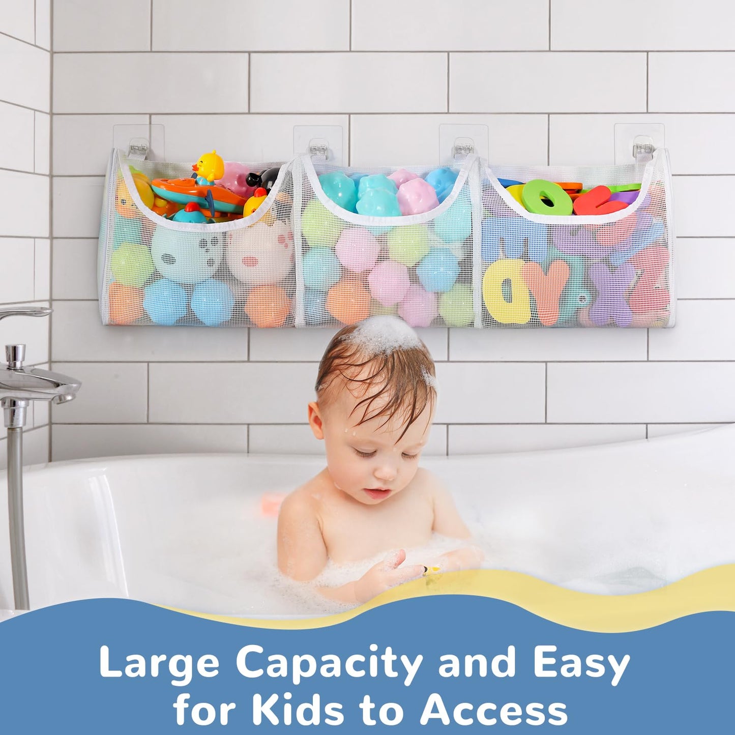 DOCMON Bath Toy Storage, Large Capacity 3 Compartments Bathtub Toy Storage, Opening Bath Tub Toy Holder Organizer, Mesh Shower C