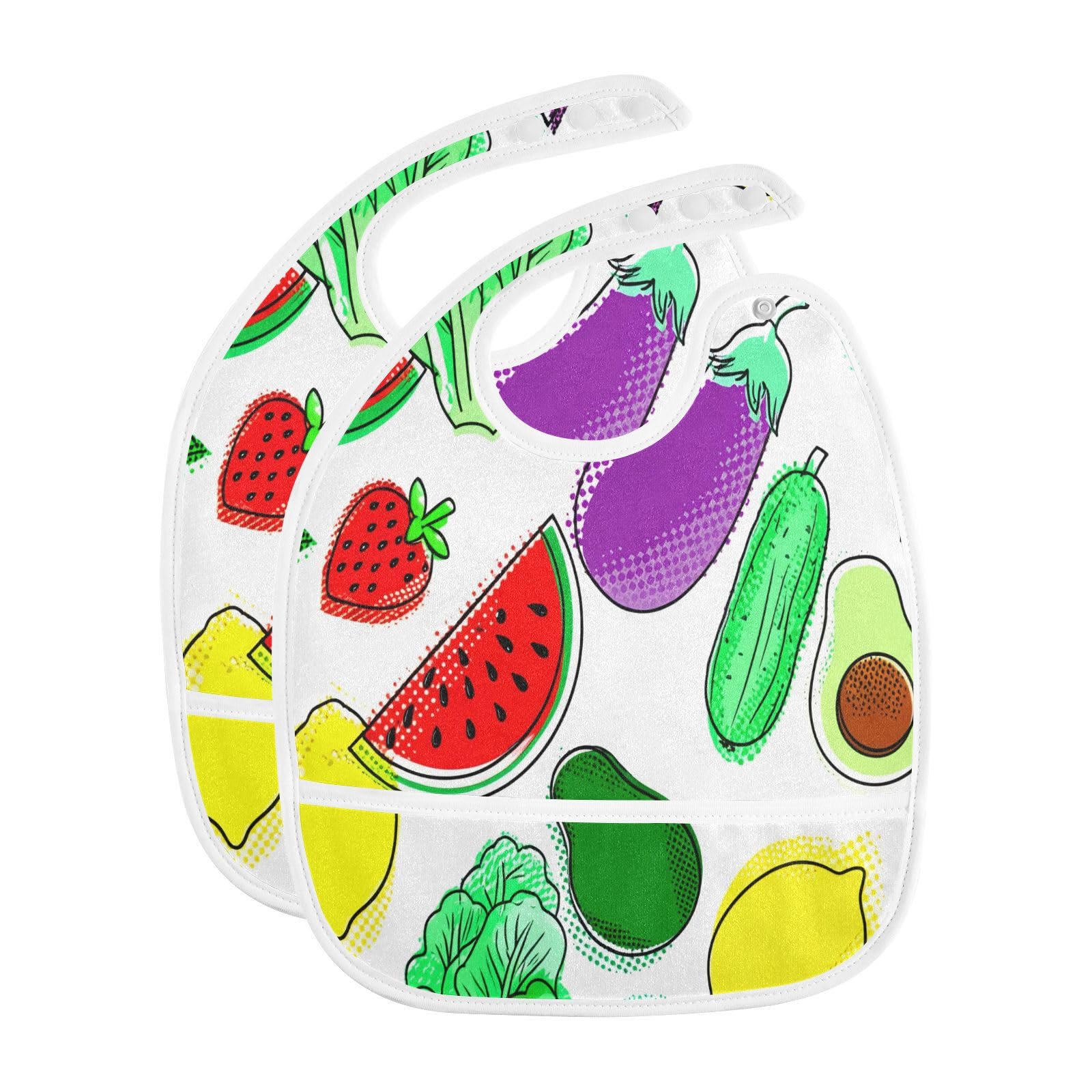 MCHIVER Veggie Fruit White Baby Bibs for Boy Girl Toddler Waterproof Feeding Bib Apron with Food Cather Adjustable Cotton Food E