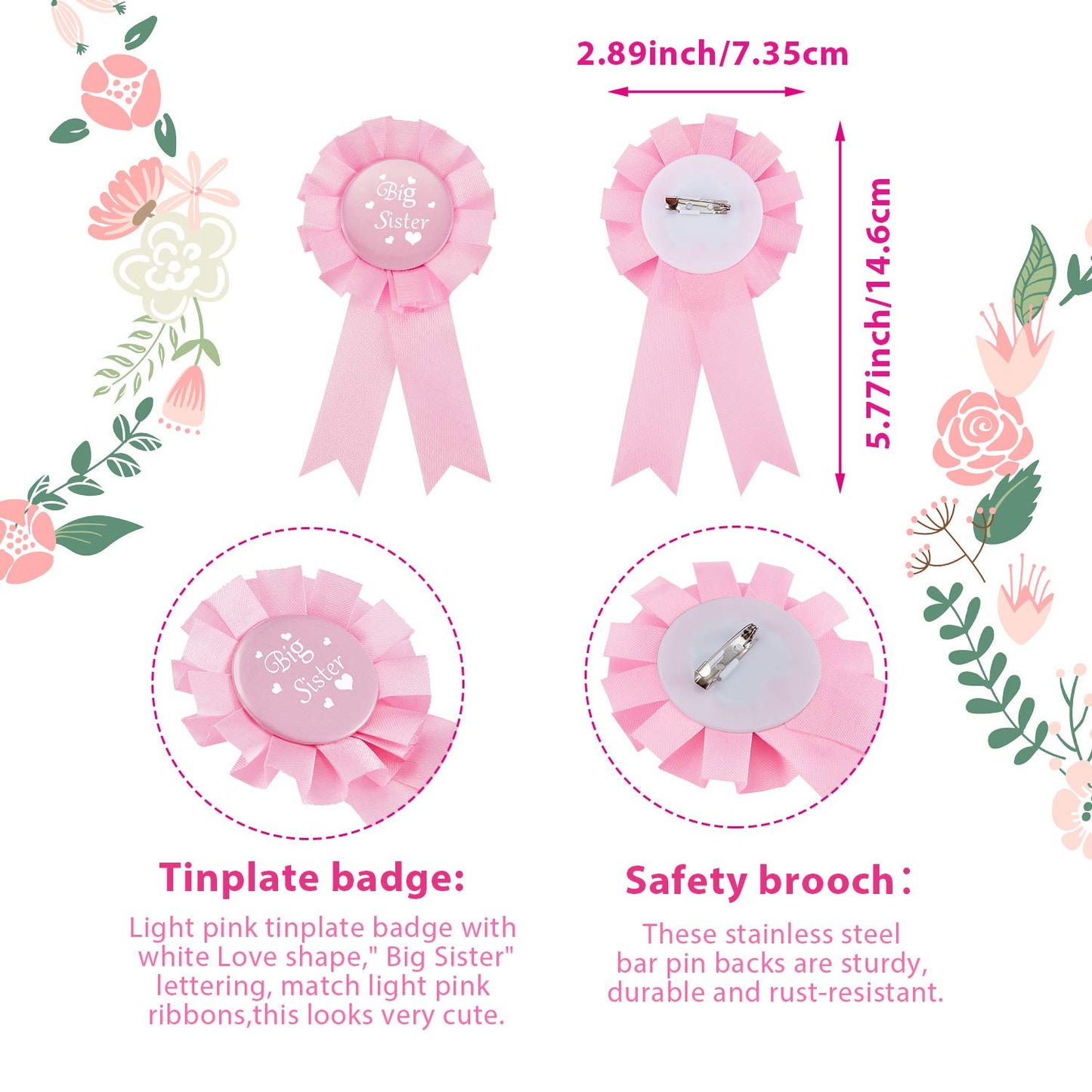 Willbond 3 Pcs Big Sister Accessory Set Big Sister Flower Crown Satin Sash Pin Big Sister Gifts For Baby Shower Party(Pink)