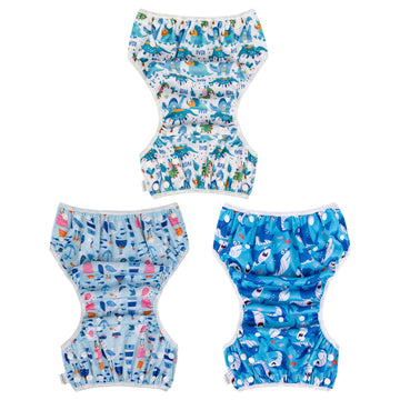 Babygoal Baby Boy Swim Diapers 3 Pack For 0-8 Months Infant, Reusable Adjustable Washable For Swimming Lessons-Dinosaur,Shark,Fi