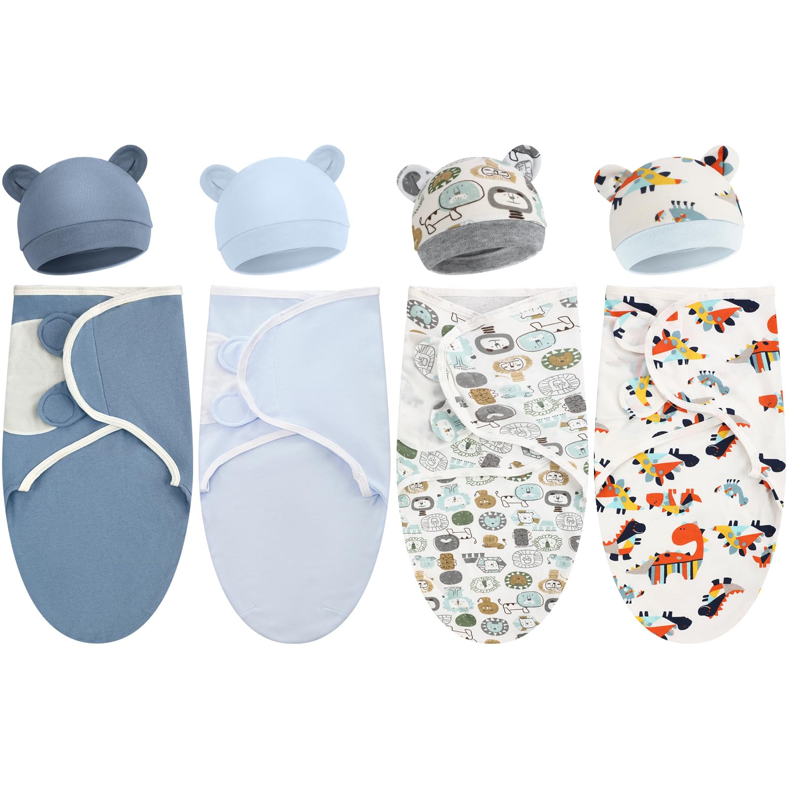 Buryeah 4 Pack Preemie Swaddle Blanket Wrap Set with Hat for Baby Boys Girls 3-7 Lbs Preemie Newborn Clothes Sleepers Cap(Blue,S
