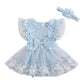 Douhoow Baby Girls Romper Dress Baby Dress Romper 3D Flowers Mesh Skirt Hem Infant Girl Summer Clothes with Headband (Light Blue