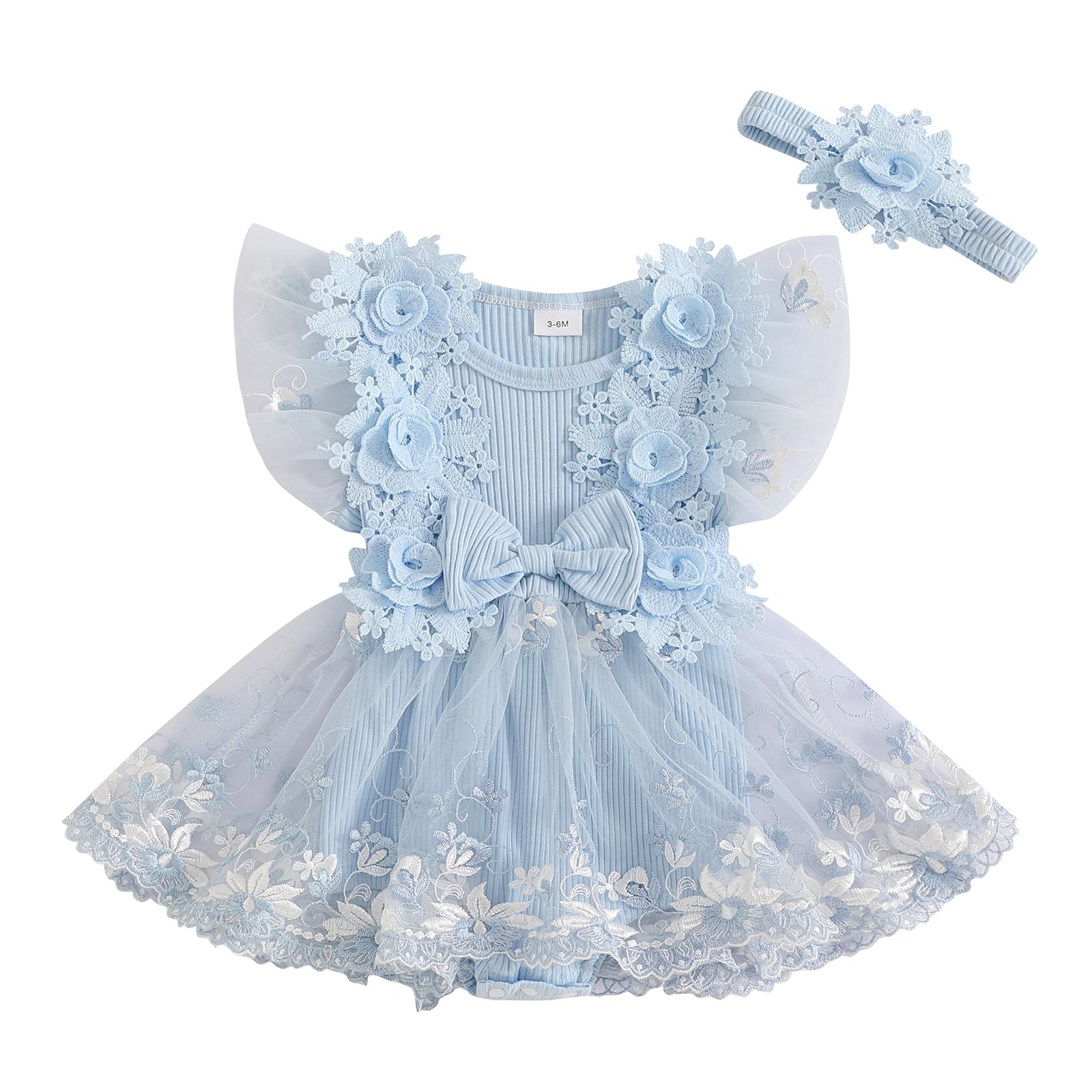 Douhoow Baby Girls Romper Dress Baby Dress Romper 3D Flowers Mesh Skirt Hem Infant Girl Summer Clothes with Headband (Light Blue