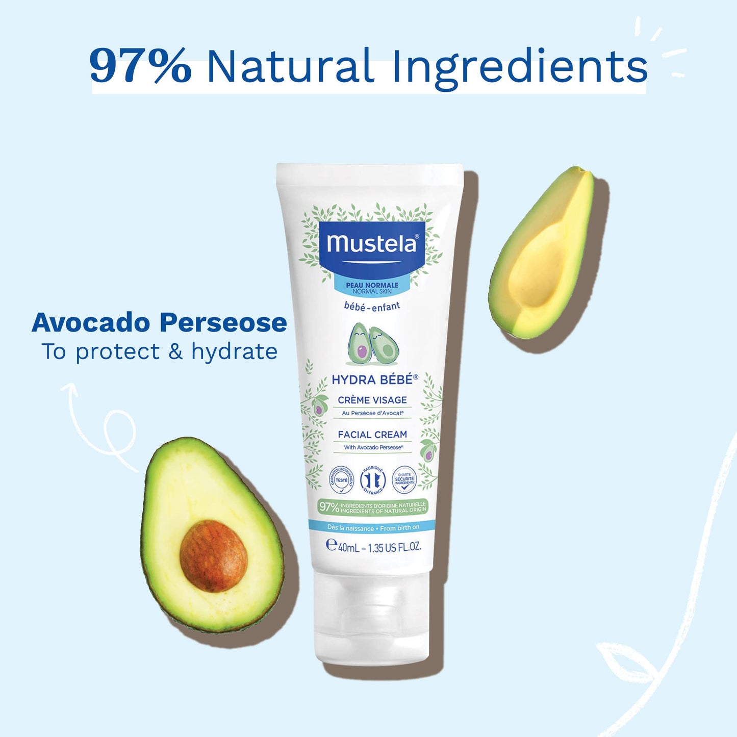 Mustela Hydra Bebe Face Cream - Daily Baby Moisturizer With Natural Avocado, Jojoba Oil - 1.35 Fl. Oz