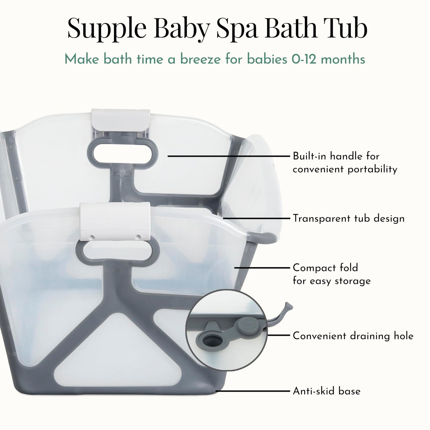 Evolur Supple Baby Bath Tub, Compact and Easy Fold, Stable and Portable Bath Tub for Baby 0-12 Month