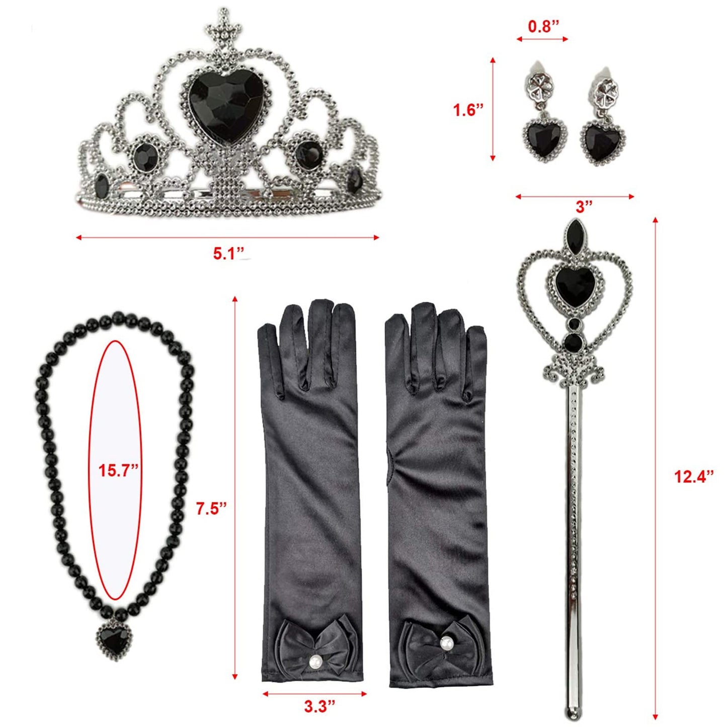 Orgrimmar Princess Dress Up Accessories For Belle Gloves Princess Tiara Crown Wand Necklaces For Kids (Black)