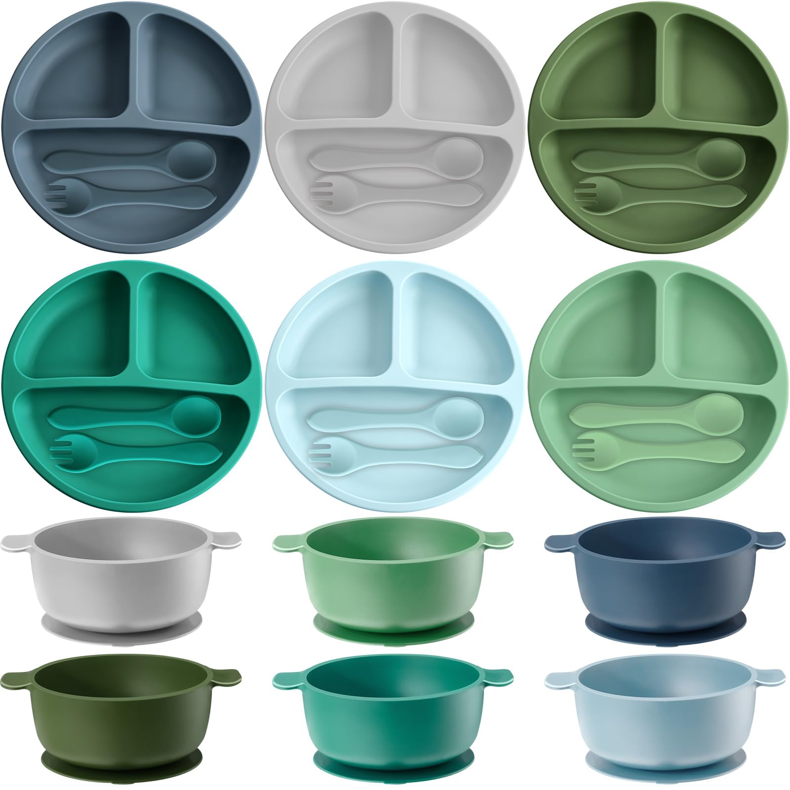 Dandat 24 Pcs Silicone Baby Feeding Set,6 Baby Toddler Suction Bowls 6 Divided Suction Plates With 6 Forks 6 Spoons, Utensils Se
