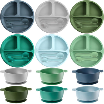 Dandat 24 Pcs Silicone Baby Feeding Set,6 Baby Toddler Suction Bowls 6 Divided Suction Plates With 6 Forks 6 Spoons, Utensils Se