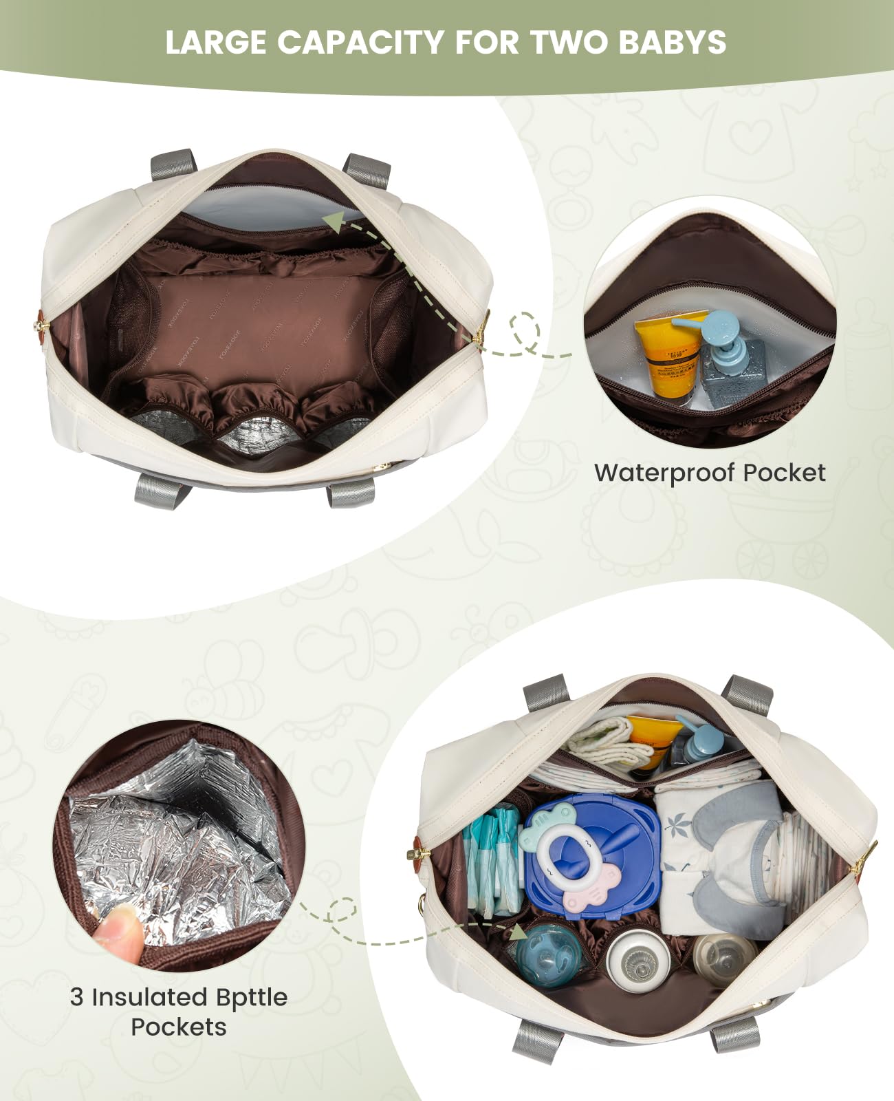 Lovevook Diaper Bag Tote, Large Baby Tote Bag, Travel Diaper Tote For Mom And Dad With Changing Pad And First Aid Bag,Gray/Beige