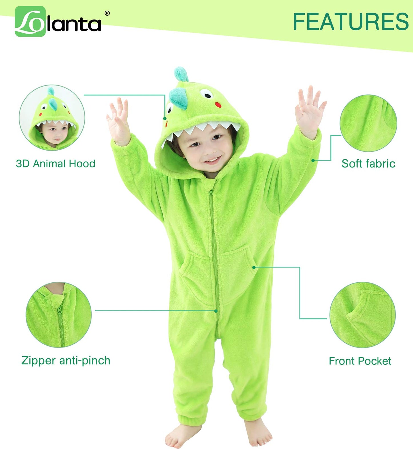 Lolanta Boys Girls Halloween Dinosaur Costume Bodysuit Flannel Toddler One Piece Jumpsuit Kids Gifts (Green, 4-6 Years)