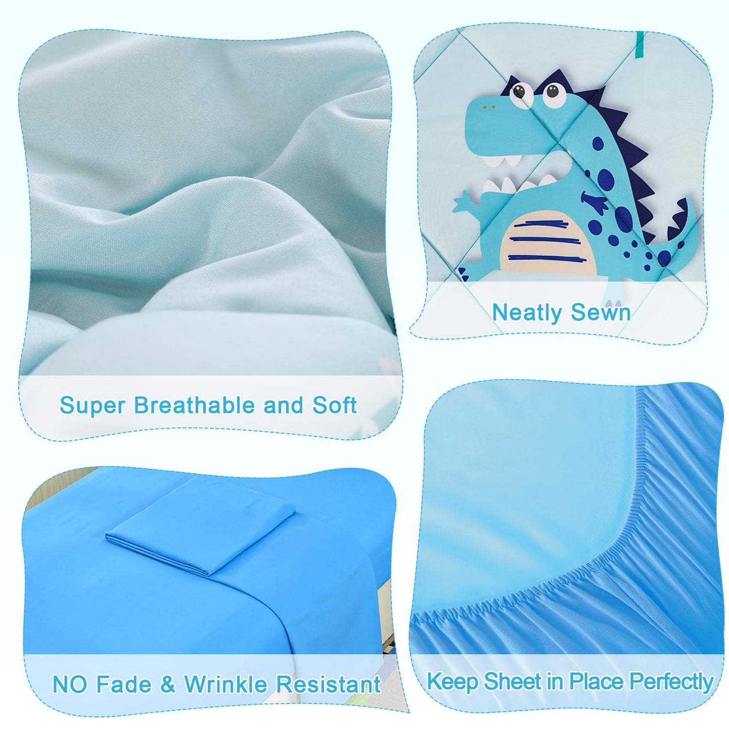 Wowelife 4 Pieces Toddler Bedding Sets For Boys Blue Toddler Bed Sheets Sets Kids Dino Toddler Comforter Set Soft Breathable Wit
