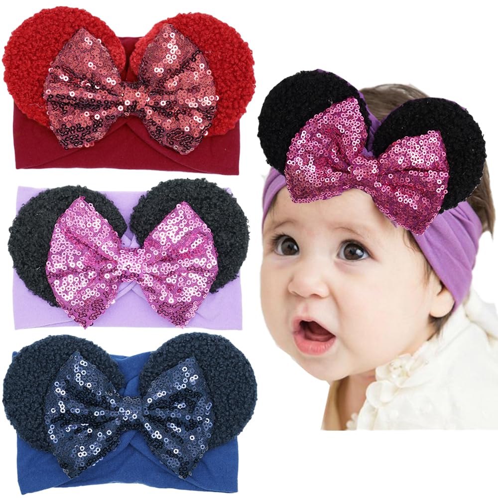 3Pcs Baby Girl Mouse Ears Headbands With Sequin Bow, Wide Nylon Turban Hairband, Theme Park Headwear, Hair Bow Headband For Todd