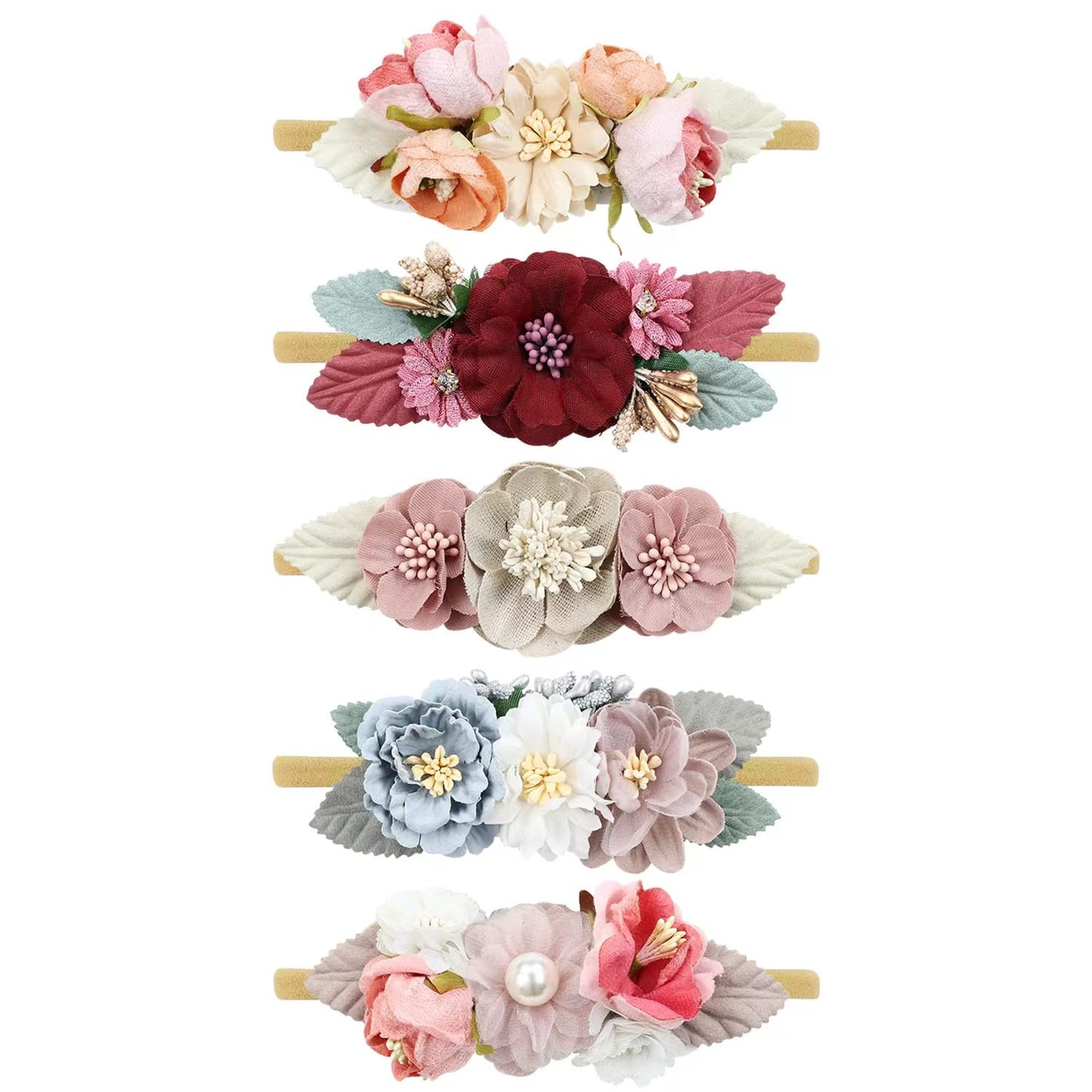 Cinaci 5 Pieces Super Stretchy Soft Baby Flower Nylon Headbands Floral Crowns Tiaras Hairbands Hair Accessories For Baby Girls N
