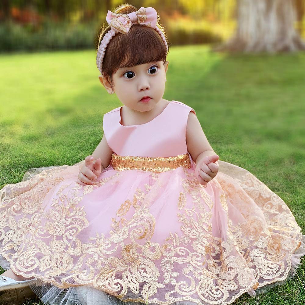 Baby Girls Embroidery Lace Dresses Toddler Ruffles Infant Easter Tutu Birthday Dress With Headwear (Pink,70)