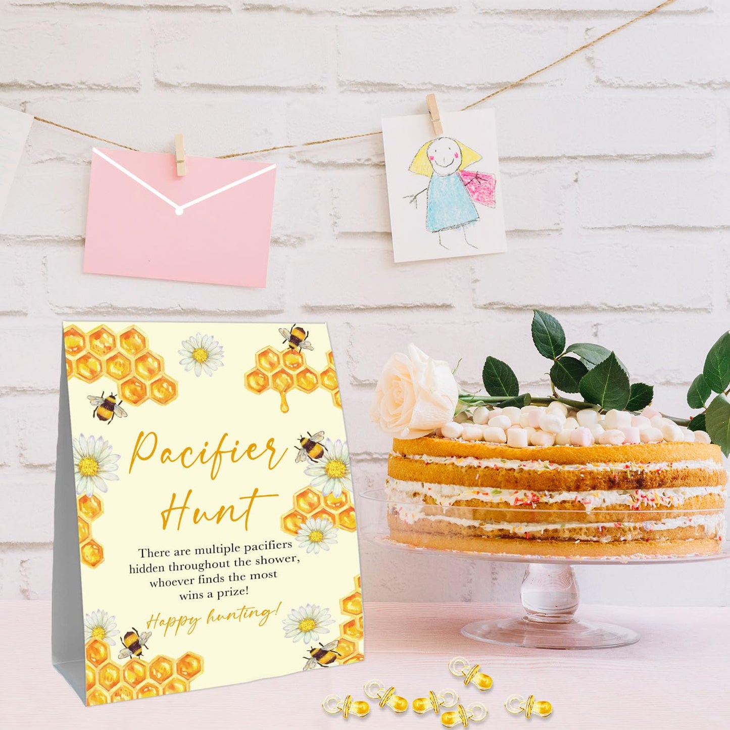 Guawubiang Mini Pacifiers Baby Shower Game, Pacifiers Hunt Sign, Honey Themed Baby Shower Game Set, 50Pcs Yellow Mini Pacifiers