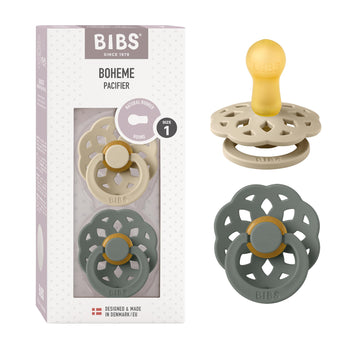 Bibs Pacifiers 0-6 Months | Boheme Collection 2-Pack | Bpa-Free Round Nipple | Made In Denmark | Vanilla/Pine Color Pacifier