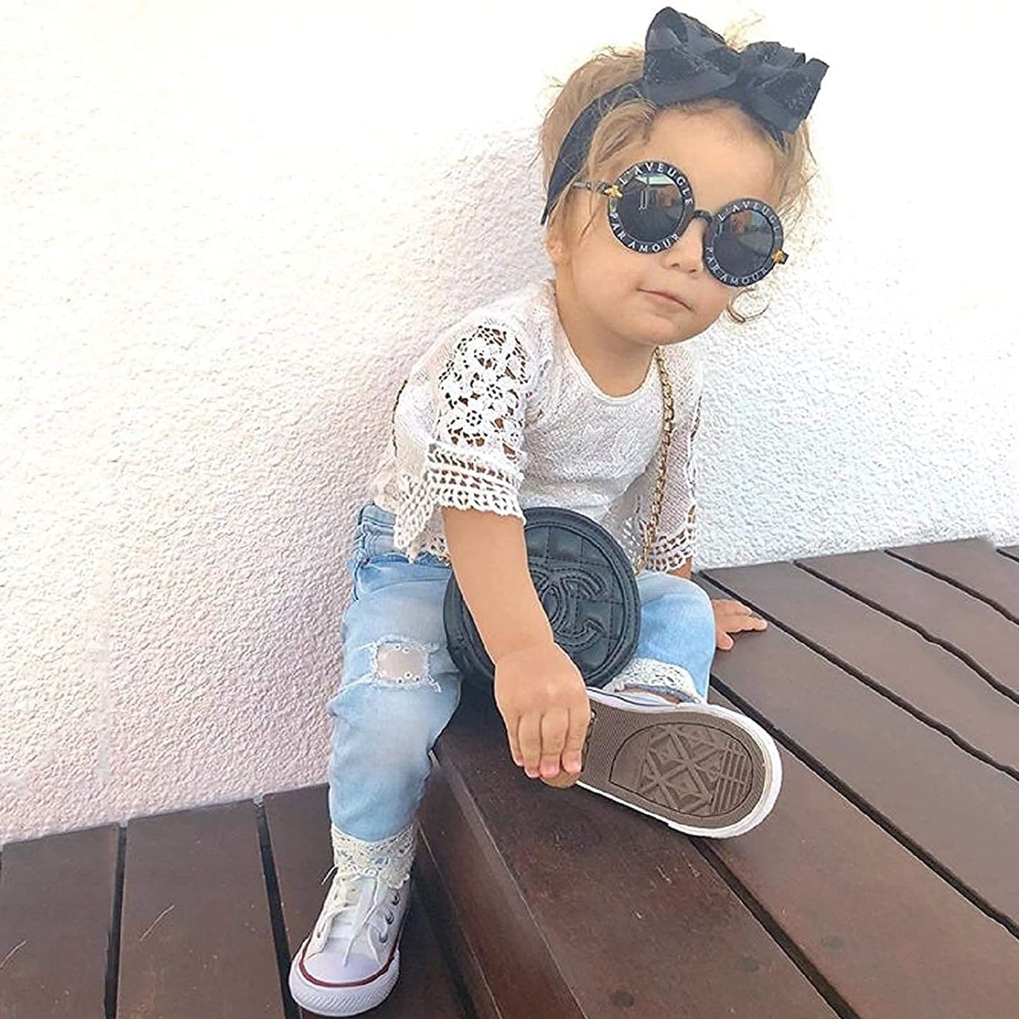 Koramesis Baby Girl Clothes Set Lace Ruffle Romper Flare Denim Jean Pants And Headband 3Pcs Set Newborn Infant Outfits Set (Whit
