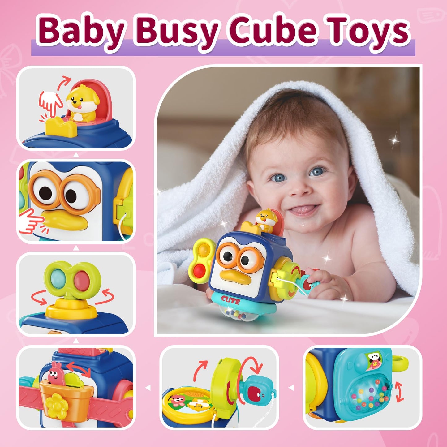 usrela 3 in1 Baby Toys 12 Months - Busy Board Sensory Toys, Tissue Box Toy, Pull String Teether, Learning Toy for Babies 12 18 M