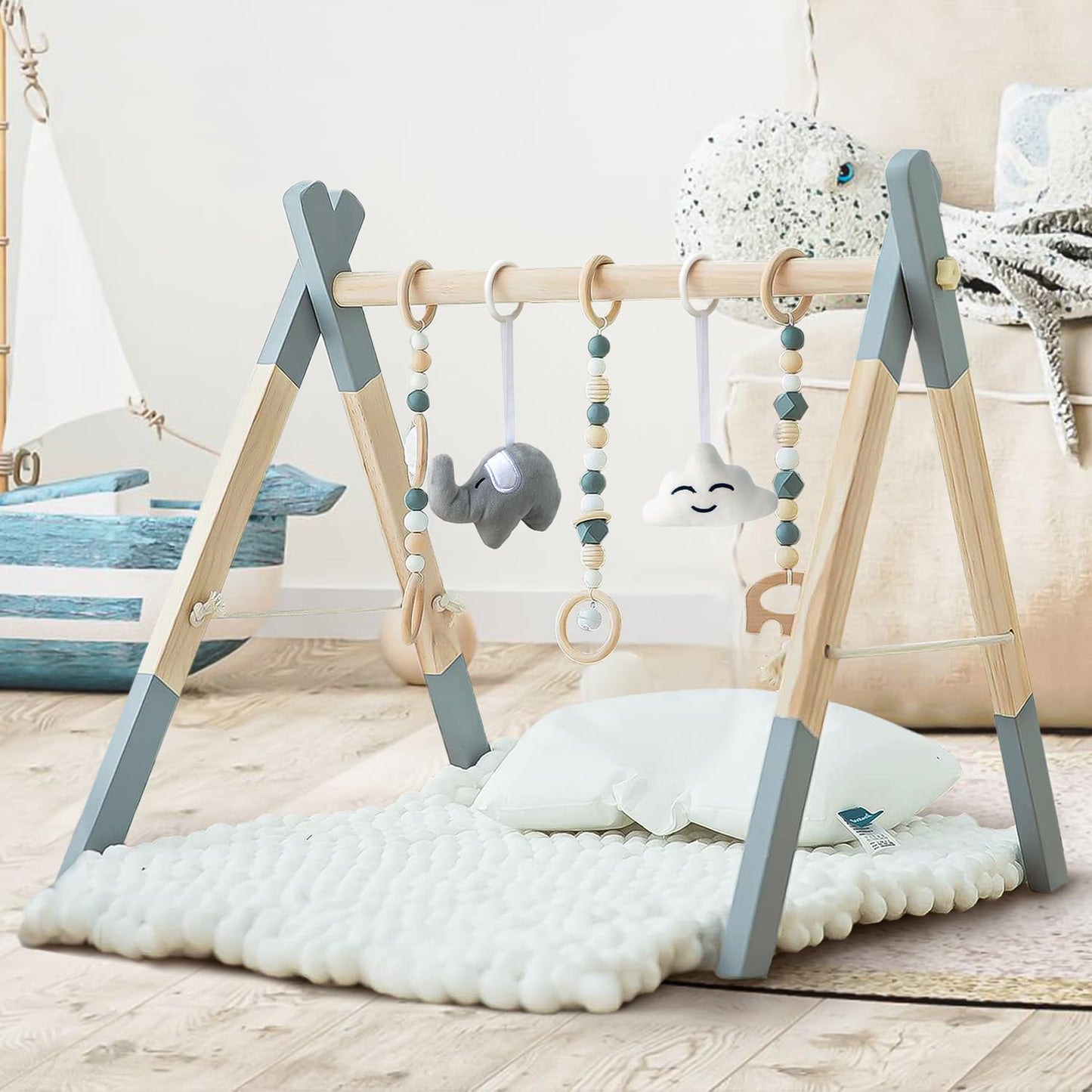 Avrsol Wooden Baby Play Gym Foldable Baby Play Gym Frame Activity Gym Hanging Bar With 5 Gym Baby Toys Natural Gift For Newborn